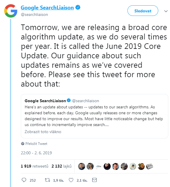 Tweet oznamující 2. června, že příští den bude spuštěna aktualizace hlavního algoritmu.
