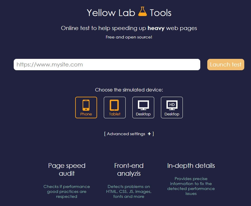 Rozhraní nástroje Yellow Lab Tools