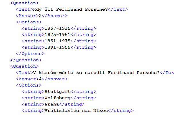 Příklad XML formátu pro kvízovou aplikaci