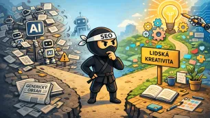 SEO ninja stojí na rozcestí mezi světem generického AI obsahu a cestou lidské kreativity, kterou symbolizuje světelná žárovka a směrovník „Lidská kreativita“.