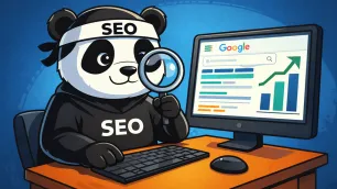 Ilustrace pandy v podobě SEO ninji sedící u počítače, držící lupu a analyzující výsledky vyhledávání Google s rostoucím grafem na monitoru.
