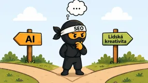 SEO ninja stojí na rozcestí mezi světem generického AI obsahu a cestou lidské kreativity, kterou symbolizuje světelná žárovka a směrovník „Lidská kreativita“.