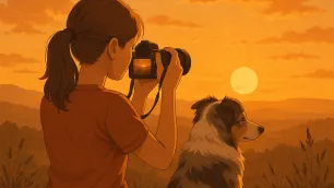 Dívka s culíkem, která fotí východ slunce se svým psem