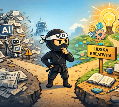 SEO ninja stojí na rozcestí mezi světem generického AI obsahu a cestou lidské kreativity, kterou symbolizuje světelná žárovka a směrovník „Lidská kreativita“.