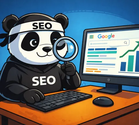 Ilustrace pandy v podobě SEO ninji sedící u počítače, držící lupu a analyzující výsledky vyhledávání Google s rostoucím grafem na monitoru.