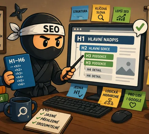 SEO ninja zkoumající strukturu nadpisů za SEO