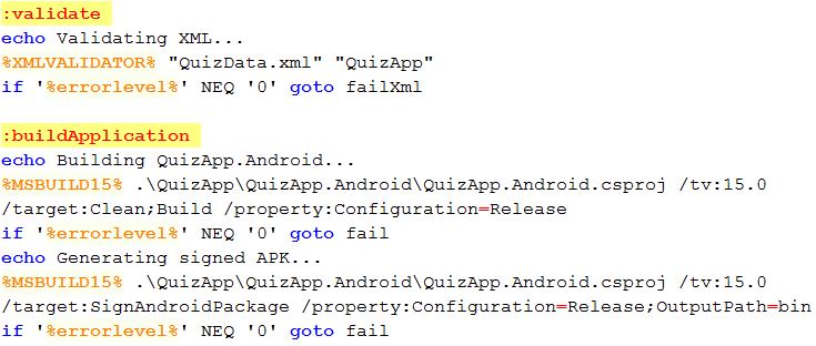 Příklad skriptu z MSBuild nástroje pro kvízovou aplikaci