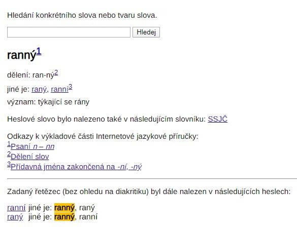 Ukázka zpracování slova „ranný“ ve slovníkové části IJP.