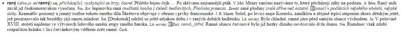 Ukázka zpracování slova „ranný“ v Příručním slovníku jazyka českého.