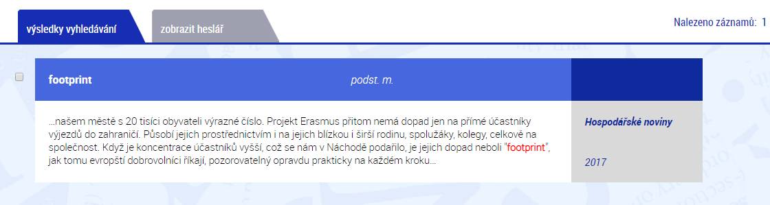 Doklad užití nového slova v češtině „footprint“.