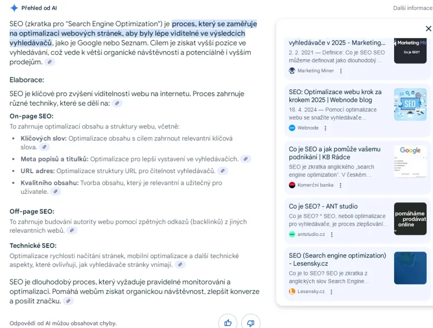 AI Overview na dotaz co je seo Google.cz květen 2025.