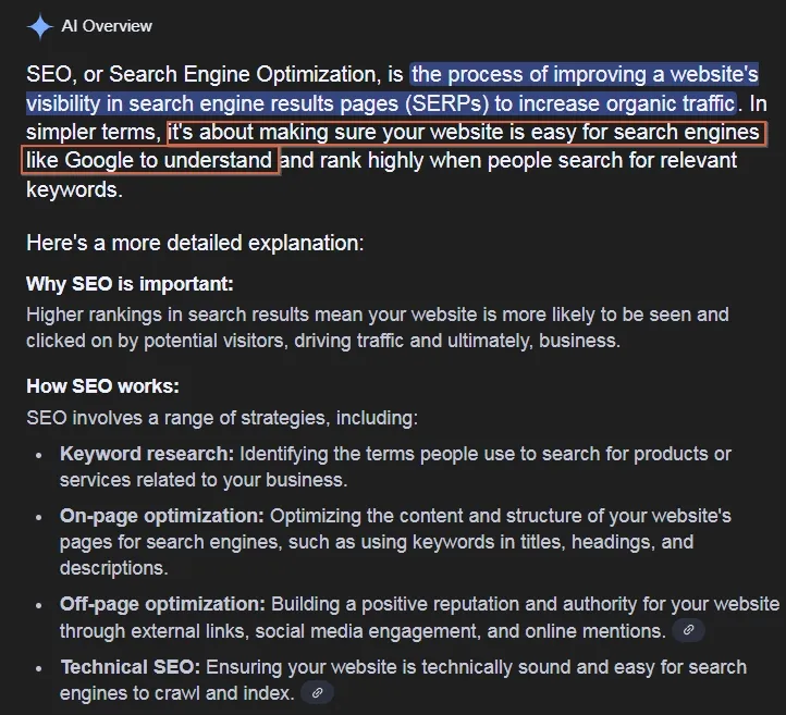 AI Overview na dotaz what is seo v britském Googlu