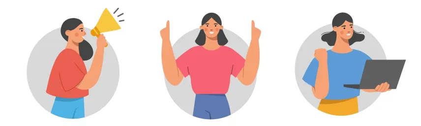Tři ilustrace žen v kruhových rámech. První žena mluví do žlutého megafonu, druhá stojí s úsměvem a zvedá obě ruce vzhůru v gesto oslavy, třetí drží v jedné ruce notebook a radostně se usmívá s druhou rukou zaťatou v pěst.