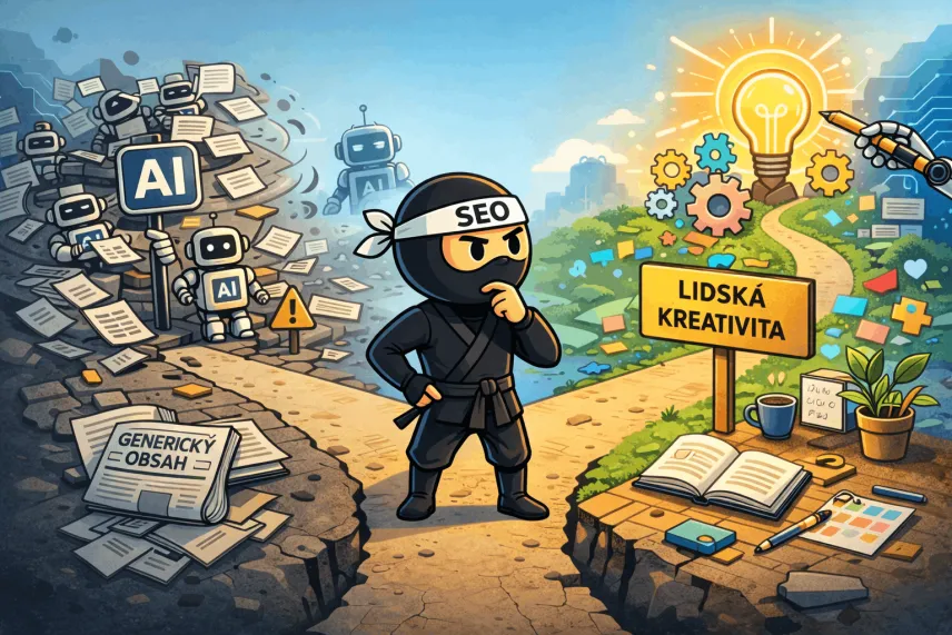 SEO ninja stojí na rozcestí mezi světem generického AI obsahu a cestou lidské kreativity, kterou symbolizuje světelná žárovka a směrovník „Lidská kreativita“.