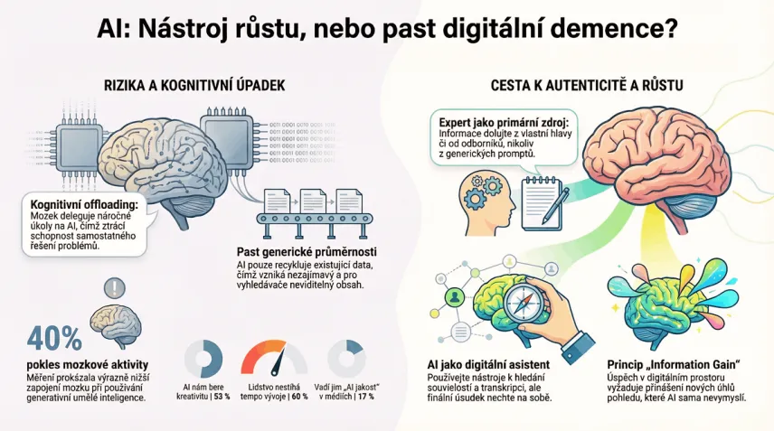Infografika s názvem „AI: Nástroj růstu, nebo past digitální demence?“ porovnávající rizika a přínosy umělé inteligence.