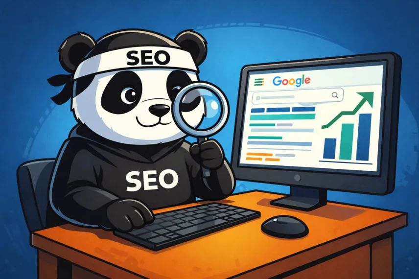 Ilustrace pandy v podobě SEO ninji sedící u počítače, držící lupu a analyzující výsledky vyhledávání Google s rostoucím grafem na monitoru.
