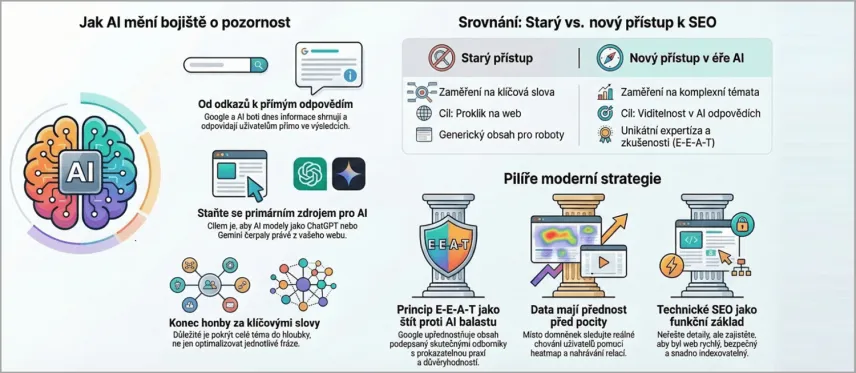 Infografika ukazující, jak AI mění SEO – přechod od klíčových slov k tématům, důraz na E-E-A-T, práci s daty a viditelnost v AI odpovědích