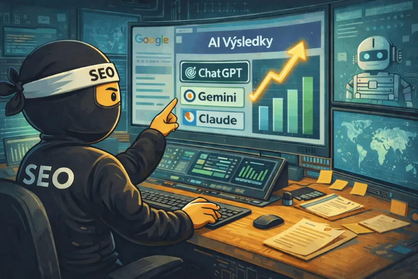 SEO ninja zkoumající výsledky vyhledávání