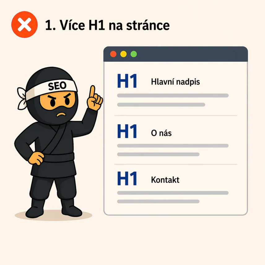 SEO ninja ukazující chyby při používání nadpisů v SEO - více nadpisů H1