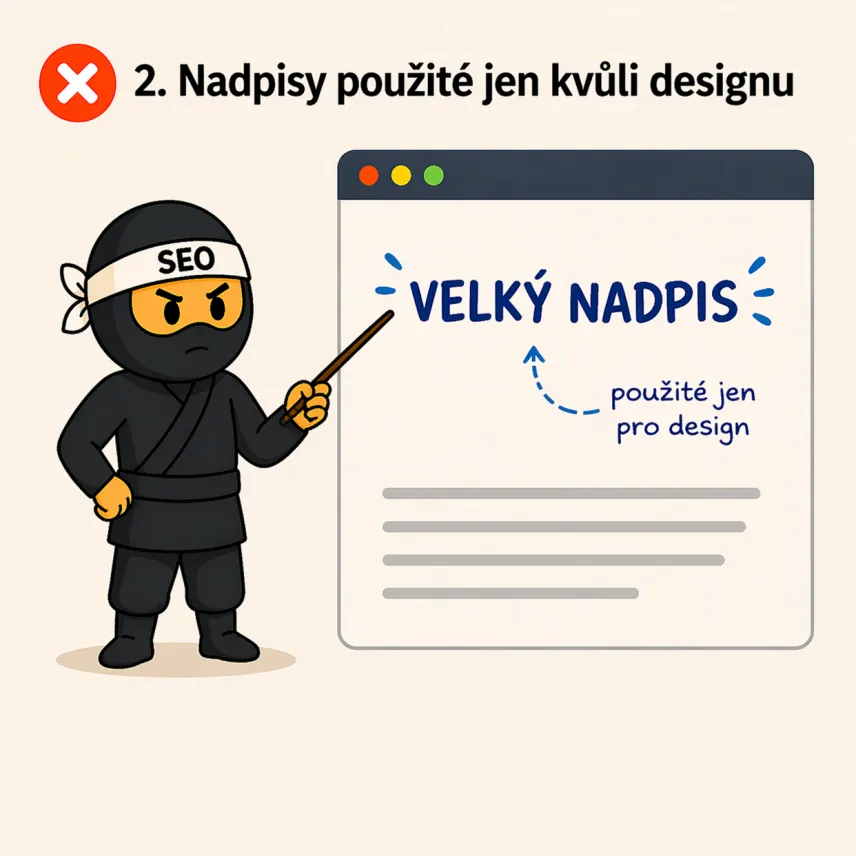 SEO ninja ukazující chyby při používání nadpisů v SEO - nadpisy jako design prvek