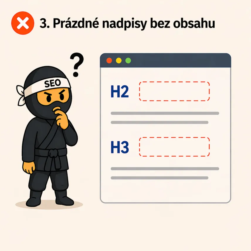 SEO ninja ukazující chyby při používání nadpisů v SEO - prázdné nadpisy