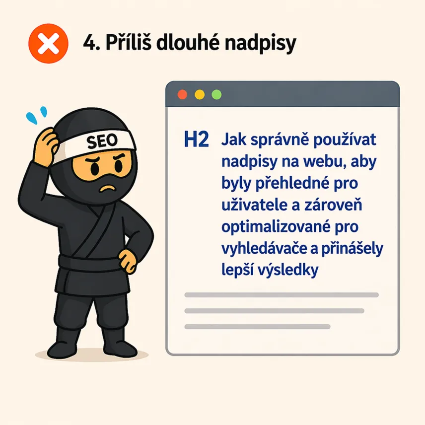 SEO ninja ukazující chyby při používání nadpisů v SEO - příliš dlouhé nadpisy