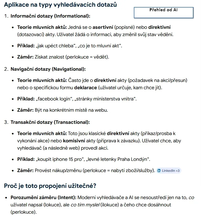 Přehled od AI dotaz na aplikaci mluvních aktů ve vyhledávání