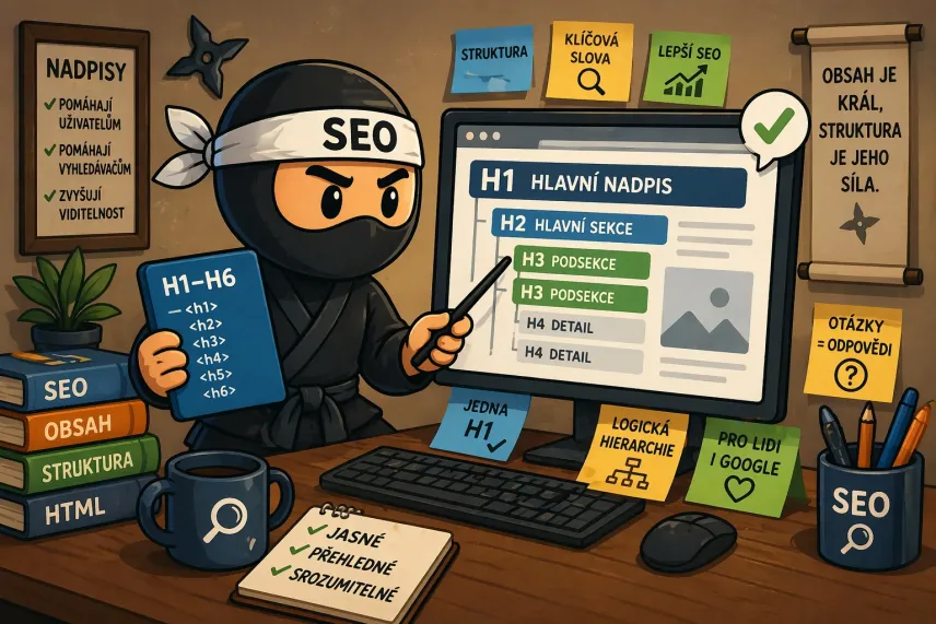 SEO ninja zkoumající strukturu nadpisů za SEO