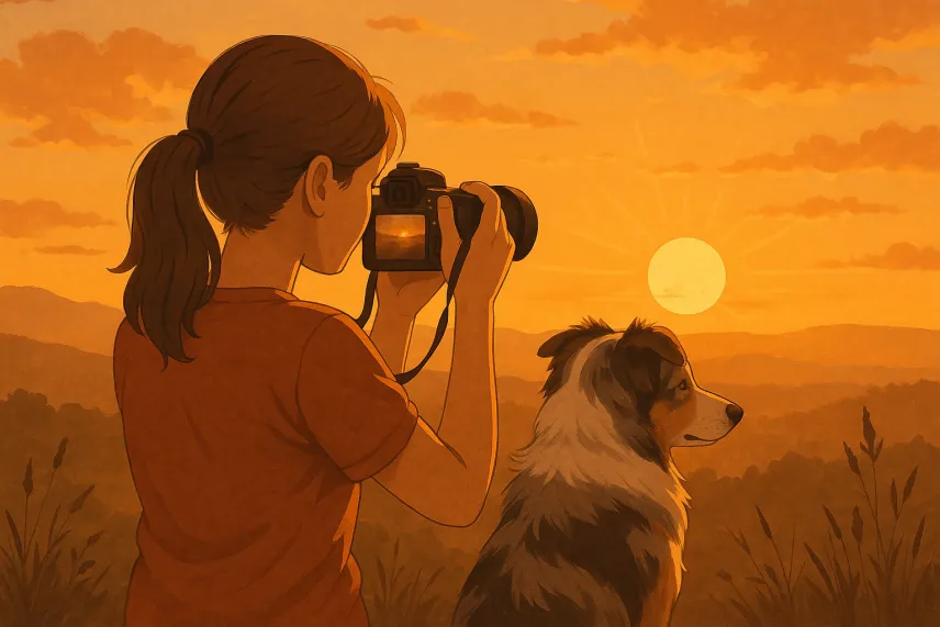 Dívka s culíkem, která fotí východ slunce se svým psem