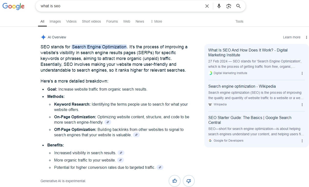 Přehled od AI v britském Googlu na dotaz what is seo