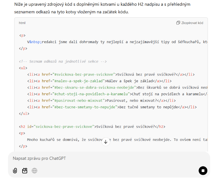 Ukázka textu s HTML kódem doplněným o kotvy: