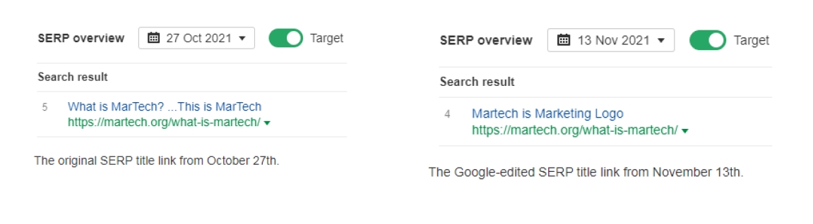 Ukázka změny tagu title v SERPu na Googlu